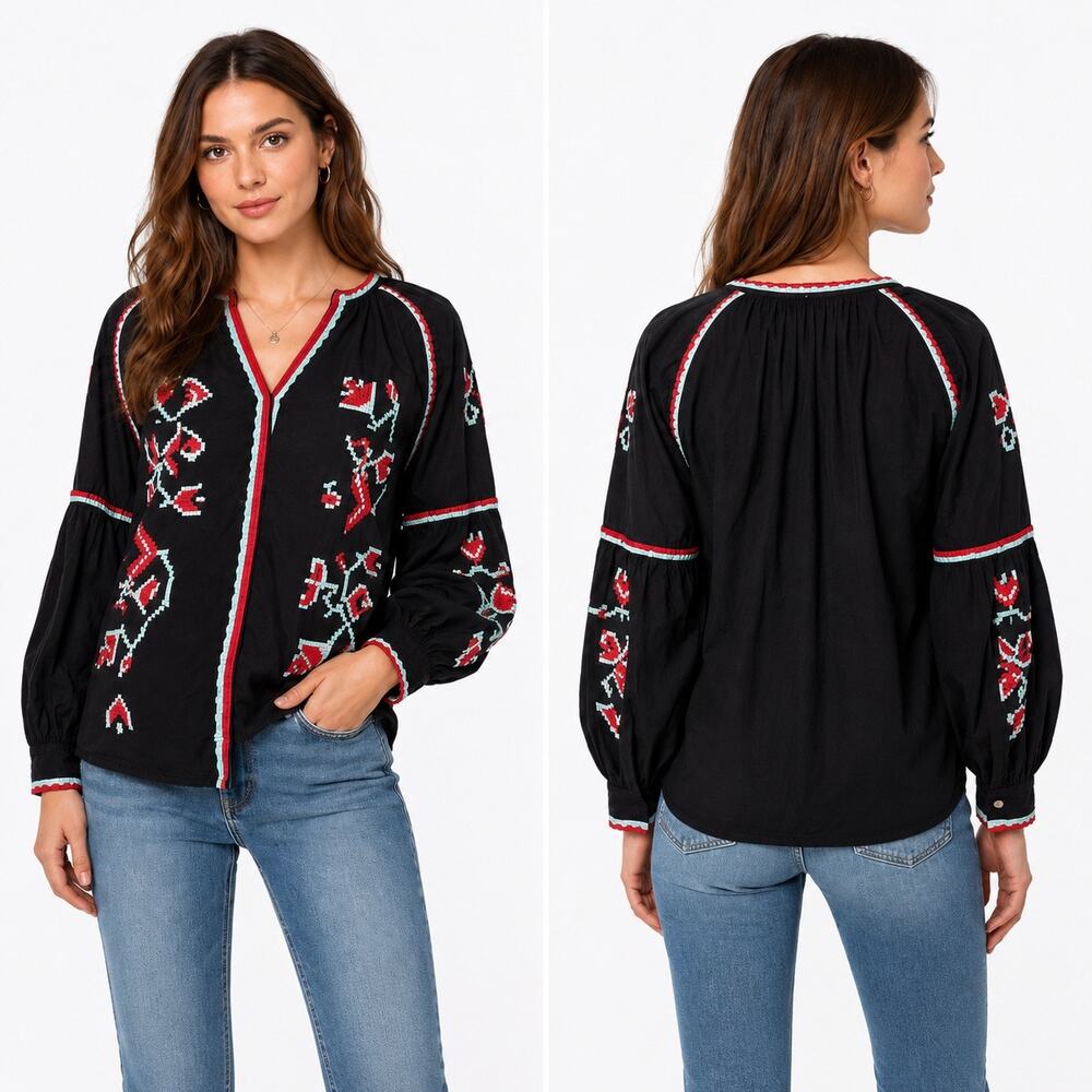 RD + Koko Embroidered Peasant Blouse Black Cotton Boho Folk Art Top Festival